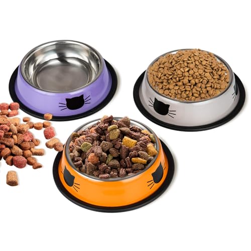 Katzenfressnapf 3er, rutschfeste Futterschüssel für Katzen, Katzennäpfe für Trocken- und Nassfutter, langlebiger Katzennapf, Fressnapf für Kätzchen und kleine Haustiere (grau+orange+lila) von FANWINKJ