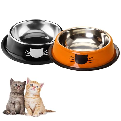 FANWINKJ 2 Stück Katzennapf aus Edelstahl, Katzennapf-Set, rutschfest, Fütterung und Tränke für Kätzchen Welpen Kaninchen kleine Haustiere, orange und schwarz von FANWINKJ