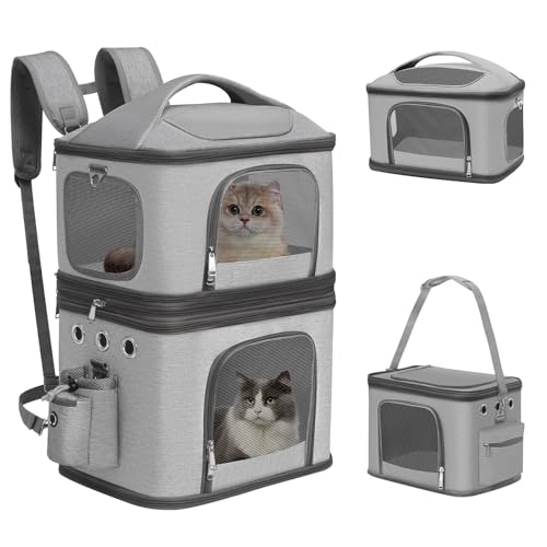 FASNATI Abnehmbarer Katzenrucksack für 2 Katzen bis 12kg, Faltbar Katzentransportbox, Kucksack Groß für 2 Katzen, Perfekt für Reisen/Wandern/Camping, Grau von FASNATI