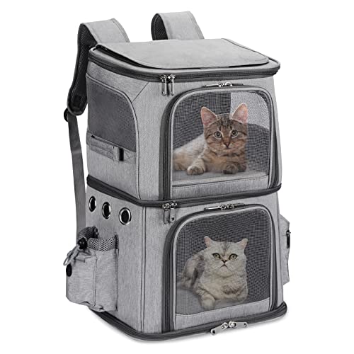 FASNATI Doppel-Fach Haustier Tragetasche Rucksack Katzentragetasche Rucksack für 2 kleine Katzen, Hunde und Kaninchen, perfekt für Reisen Wandern Camping Grau von FASNATI