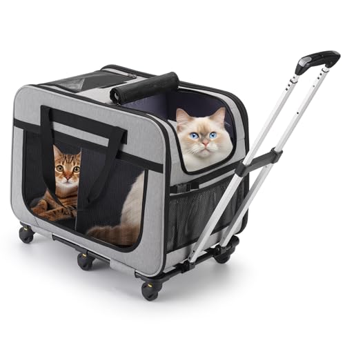 FASNATI Extra Große Katzentransportbox für 2 Katzen bis 20kg, Faltbare Transportboxen für 2 Katzen mit Rollen, Transportbox Katze Groß für Spaziergänge/Camping, Grau von FASNATI