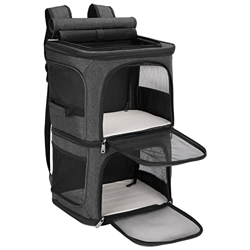 FASRIOU Katzenrucksack für 2 Katzen bis 12kg, Katzentransportbox für 2 Katzen, Große Haustier Rucksack für kleine Hunde, Katzentransporter mit Abnehmbarer Matte und atmungsaktivem Mesh, Schwarz von FASRIOU