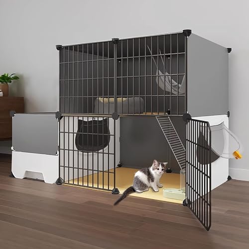 FATACO Katzenkafig Indoor 2 Etagen, Katzengehege DIY Kleintierkäfig mit Katzentoilette, Doppelschichtige, Verstärkte Plattform, Tragkraft: 20 Kg (Color : Basic Model, Size : B-111x39x73cm) von FATACO