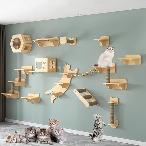 Katzen Kletterwand Set, Kletterwand Katzen Holz, mit Katzenhaus, Kratzbäumen, Katzenleiter, Sprungplattformen, zum Klettern, Schlafen und Spielen (Size : B12-19PCS) von FATACO