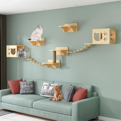 Katzen Kletterwand Set, Kletterwand Katzen Holz, mit Katzenhaus, Kratzbäumen, Katzenleiter, Sprungplattformen, zum Klettern, Schlafen und Spielen (Size : B4-9PCS) von FATACO