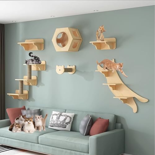 Katzen Kletterwand Set, Kletterwand Katzen Holz, mit Katzenhaus, Kratzbäumen, Katzenleiter, Sprungplattformen, zum Klettern, Schlafen und Spielen (Size : B9-10PCS) von FATACO