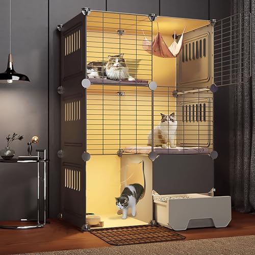 Katzenkäfig, Große DIY-Katzenkiste für Den Innenbereich, Optionale Katzentoilette, Leiter, Katzennest, Katzenhängematte, Katzennapf, Ferngesteuertes Licht ( Color : Basic , Size : 75*49*109cm ) von FATACO