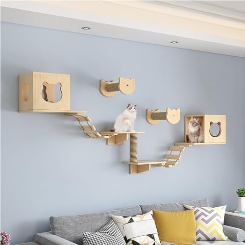 Katzentreppe Wand-Set, Bestehend aus Katzenhaus, Kratzbaum Wand, Katzenbrückenleiter, Verdickter Platte, Robust und Langlebig (Size : B6-9PCS) von FATACO