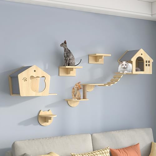 Katzentreppe Wand Set, Katzenregale und Sitzstangen für Die Wand, Inklusive Katzenhaus, Katzenleiter, Katzenkratzbaum, Sprungplattform, Können Durch Heimwerker Frei Kombiniert Werden (Size : B2-9PCS von FATACO