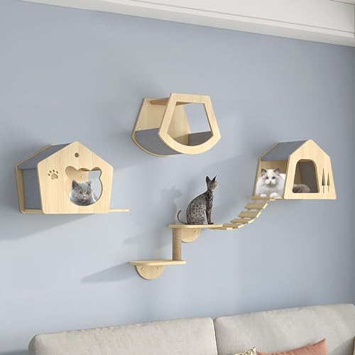 Katzentreppe Wand Set, Katzenregale und Sitzstangen für Die Wand, Inklusive Katzenhaus, Katzenleiter, Katzenkratzbaum, Sprungplattform, Können Durch Heimwerker Frei Kombiniert Werden (Size : B3-7PCS von FATACO