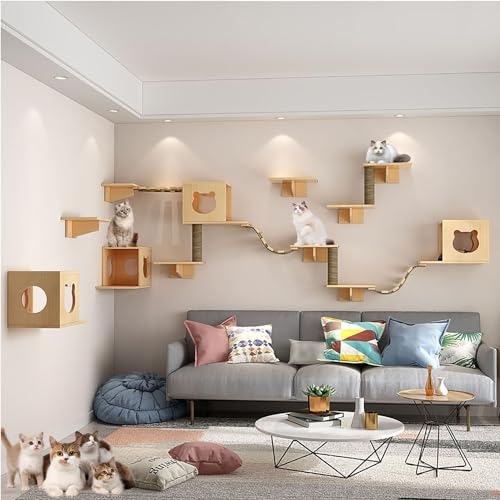 Katzentreppen für die Wand Set, Kletterwand Katzen, Inklusive Katzenhaus, Katzenkratzbaum, Katzenbrückenleiter, zum Schlafen, Spielen und Faulenzen von Katzen Im Innenbereich (Size : B11-18PCS) von FATACO