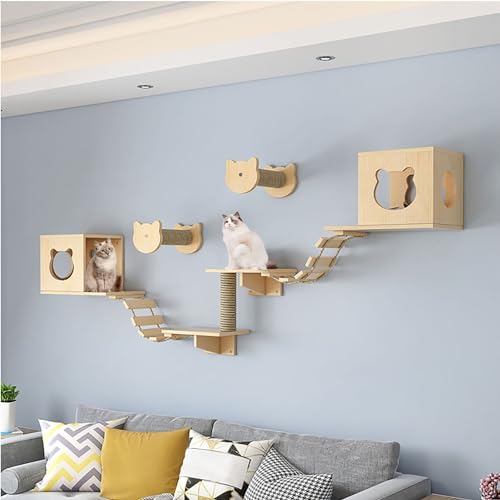 Katzentreppen für die Wand Set, Kletterwand Katzen, Inklusive Katzenhaus, Katzenkratzbaum, Katzenbrückenleiter, zum Schlafen, Spielen und Faulenzen von Katzen Im Innenbereich (Size : B6-9PCS) von FATACO