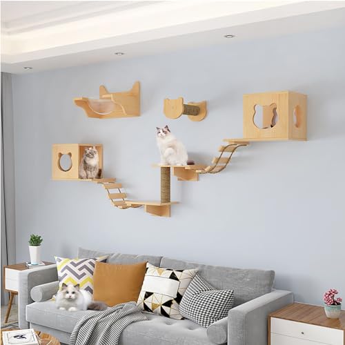 Katzentreppen für die Wand Set, Kletterwand Katzen, Inklusive Katzenhaus, Katzenkratzbaum, Katzenbrückenleiter, zum Schlafen, Spielen und Faulenzen von Katzen Im Innenbereich (Size : B7-9PCS) von FATACO