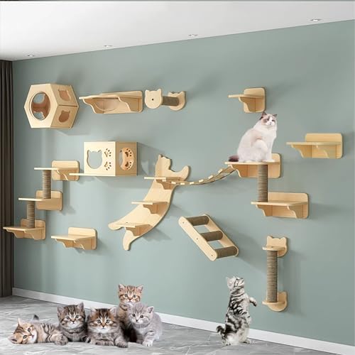 Kletterwand Katze Set, Kratzbaum Wand, Inklusive Verbindungsbrücke, Haus und Kratzbäumen, Langlebig und Bequem (Size : B7-19PCS) von FATACO