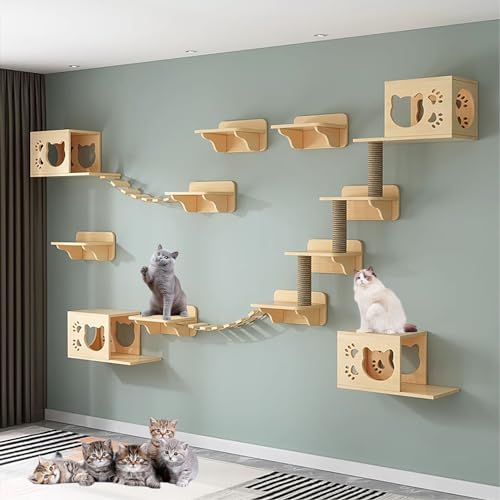 Kletterwand Katze Set, Kratzbaum Wand, Inklusive Verbindungsbrücke, Haus und Kratzbäumen, Langlebig und Bequem (Size : B9-17PCS) von FATACO