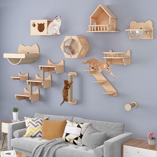 Kletterwand Katzen, Set Katzentreppe Wand, Inklusive Katzen-Hängemattenbett, Katzenleiter, Katzenkratzbaum, Katzenbrücke, Unabhängige Kreative Abstimmung, Stabil und Langlebig (Size : B7-14PCS) von FATACO