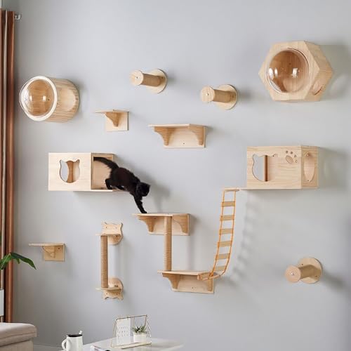 Kletterwand Katzen Set, Katzen Kletterwand Holz, Einschließlich Katzenhaus, Katzenleiter, Katzenkratzbaum, Katzenbrücke, Stabil und Langlebig (Size : B6-15PCS) von FATACO