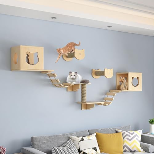 Kratzbaum Wand-Set, Kletterwand Katzen Umfassen Katzenhaus, Katzenkratzbaum, Katzenwandstufen, Sprungplattform, Katzenbrückenleiter zum Schlafen und Spielen Mit Katzen (Size : B6-9PCS) von FATACO