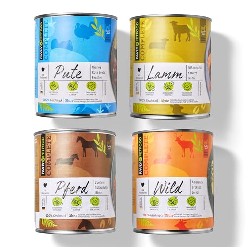 Favly Nassfutter Probierpaket 8x800g – Hunde Probiermix aus Pferd, Lamm, Wild & Pute – sensitiv & naturbelassen von FAVLY Petfood