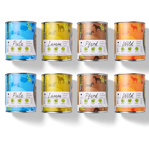 Favly Nassfutter Probierpaket 1x800g je Sorte – Mix aus 4 Sorten (Pferd, Lamm, Wild, Pute) – Premium Qualität von FAVLY Petfood