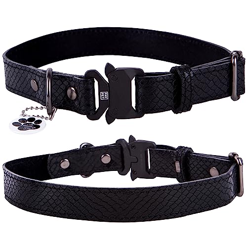 FAVPET Dünnes Lederhalsband Hund mit QR Code Anhänger, Verstellbares Halsband Hund Echt Leder, Hochwertige Hundehalsband Leder mit Cobra Schnalle, Weiches Hunde Halsband Echtleder (L, Schwarz) von FAVPET