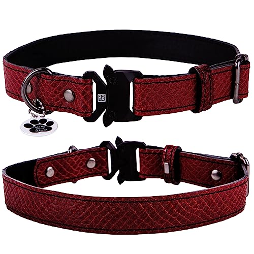 FAVPET Dünnes Lederhalsband Hund mit QR Code Anhänger, Verstellbares Halsband Hund Echt Leder, Hochwertige Hundehalsband Leder mit Cobra Schnalle, Weiches Hunde Halsband Echtleder (S, Rot) von FAVPET