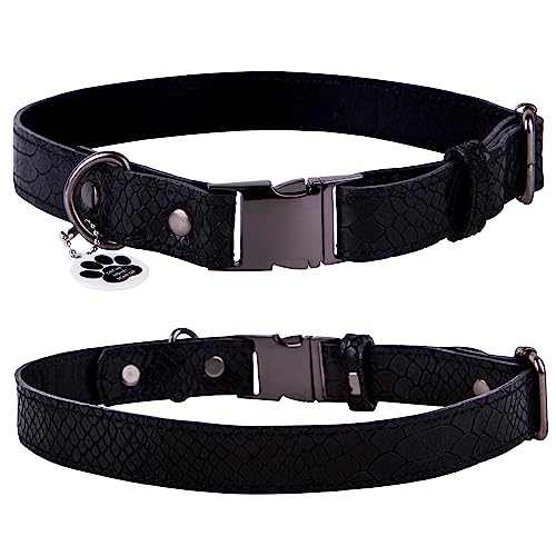 FAVPET Dünnes Lederhalsband Hund mit QR Code Anhänger, Verstellbares Halsband Hund Echt Leder, Hochwertige Hundehalsband Leder mit Klickverschluss, Weiches Hunde Halsband Echtleder (L, Schwarz) von FAVPET