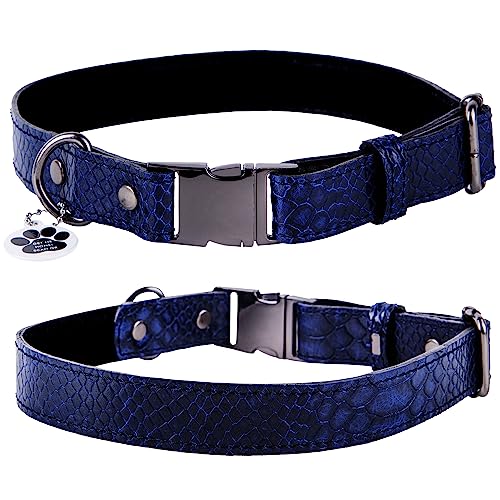 FAVPET Echtleder Dünnes Halsband Hund Verstellbar mit QR Code Anhänger, Hochwertige Hundehalsbänder mit Klickverschluss, Verstellbares Hundehalsband Leder Schmal, Lederhalsband Hund (S, Blau) von FAVPET
