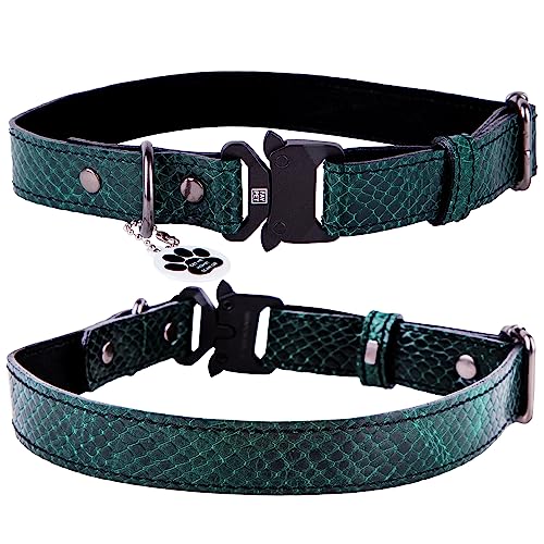 FAVPET Echtleder Dünnes Halsband Hund Verstellbar mit QR Code Anhänger, Hochwertige Hundehalsbänder mit Cobra Verschluss, Verstellbares Hundehalsband Leder Schmal, Lederhalsband Hund (M, Grün) von FAVPET