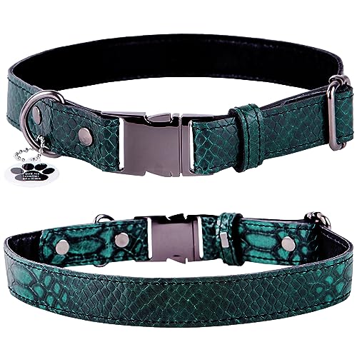 FAVPET Echtleder Dünnes Halsband Hund Verstellbar mit QR Code Anhänger, Hochwertige Hundehalsbänder mit Klickverschluss, Verstellbares Hundehalsband Leder Schmal, Lederhalsband Hund (M, Grün) von FAVPET