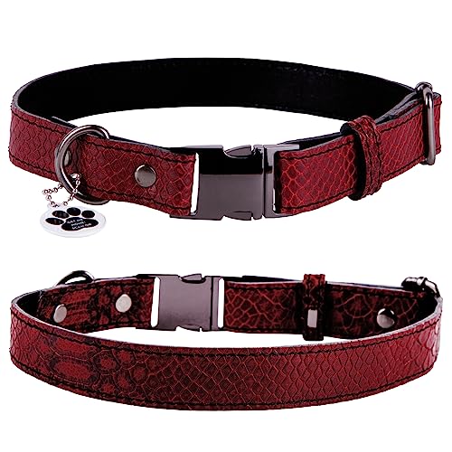 FAVPET Echtleder Dünnes Halsband Hund Verstellbar mit QR Code Anhänger, Hochwertige Hundehalsbänder mit Klickverschluss, Verstellbares Hundehalsband Leder Schmal, Lederhalsband Hund (M, Rot) von FAVPET