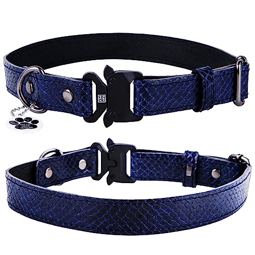 FAVPET Dünnes Lederhalsband Hund mit QR Code Anhänger, Verstellbares Halsband Hund Echt Leder, Hochwertige Hundehalsband Leder mit Cobra Schnalle, Weiches Hunde Halsband Echtleder (M, Blau) von FAVPET