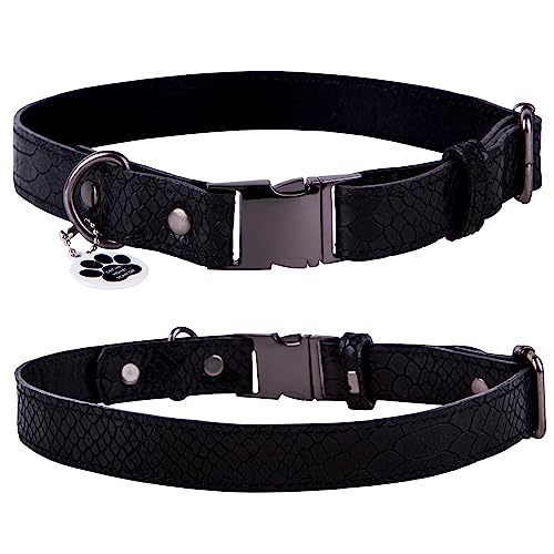 FAVPET Echtleder Dünnes Halsband Hund Verstellbar mit QR Code Anhänger, Hochwertige Hundehalsbänder mit Klickverschluss, Verstellbares Hundehalsband Leder Schmal, Lederhalsband Hund (M, Schwarz) von FAVPET