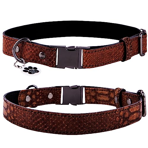 FAVPET Echtleder Dünnes Halsband Hund Verstellbar mit QR Code Anhänger, Hochwertige Hundehalsbänder mit Klickverschluss, Verstellbares Hundehalsband Leder Schmal, Lederhalsband Hund (S, Braun) von FAVPET
