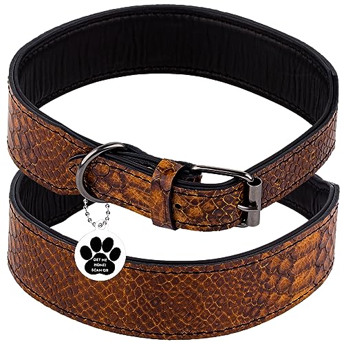 FAVPET Luxus Echtleder Halsband Hund Breit mit QR Code Anhänger, Gepolstertes Hundehalsband Leder Breit, Breites Lederhalsband Hund, Breite Hunde Halsbänder, Welpenhalsbänder Leder (Braun, L) von FAVPET