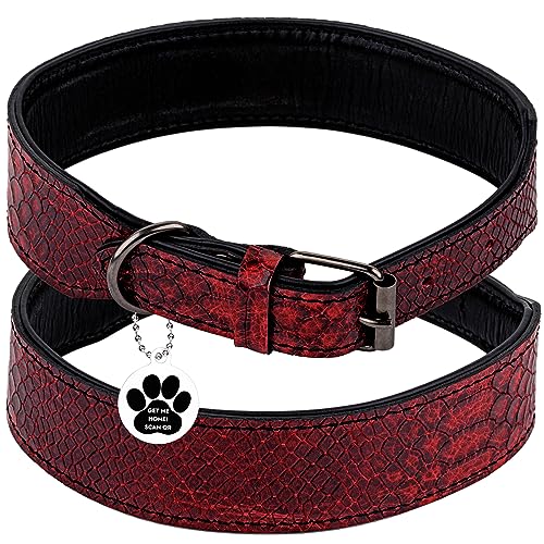 FAVPET Klassische Lederhalsband Hund mit QR Code Anhänger, Gepolstertes Hundehalsband Kleine Hunde, Halsband Hund Grosse Hunde, Welpen Halsbänder, Breites Hundehalsband Leder (Rot, S) von FAVPET