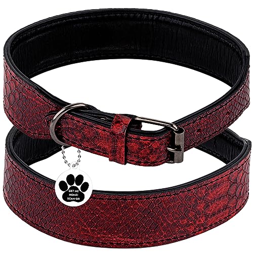 FAVPET Luxus Echtleder Halsband Hund Breit mit QR Code Anhänger, Gepolstertes Hundehalsband Leder Breit, Breites Lederhalsband Hund, Breite Hunde Halsbänder, Welpenhalsbänder Leder (Rot, XXL) von FAVPET