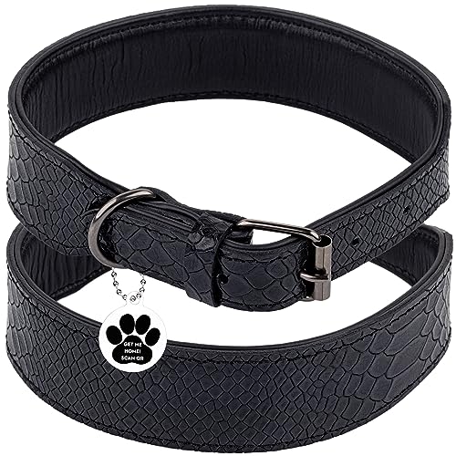 FAVPET Luxus Echtleder Halsband Hund Breit mit QR Code Anhänger, Gepolstertes Hundehalsband Leder Breit, Breites Lederhalsband Hund, Breite Hunde Halsbänder, Welpenhalsbänder Leder (Schwarz, XL) von FAVPET
