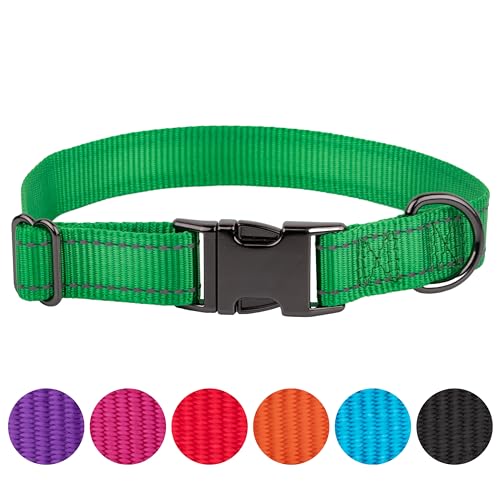 FAVPET Reflektierendes Hundehalsband Nylon, Reflektor Hund Halsband Verstellbar, Halsband Hund Klickverschluss, Halsband Hund Grosse Hunde, Hundehalsband Kleine Hunde, Welpen Halsbänder (Grün, L) von FAVPET