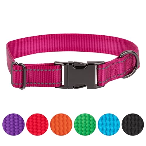 FAVPET Reflektierendes Hundehalsband Nylon, Reflektor Hund Halsband Verstellbar, Halsband Hund Klickverschluss, Halsband Hund Grosse Hunde, Hundehalsband Kleine Hunde, Welpen Halsbänder (Pink, L) von FAVPET