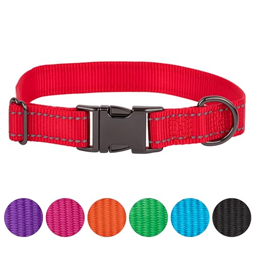 FAVPET Reflektierendes Hundehalsband Nylon, Reflektor Hund Halsband Verstellbar, Halsband Hund Klickverschluss, Halsband Hund Grosse Hunde, Hundehalsband Kleine Hunde, Welpen Halsbänder (Rot, M) von FAVPET