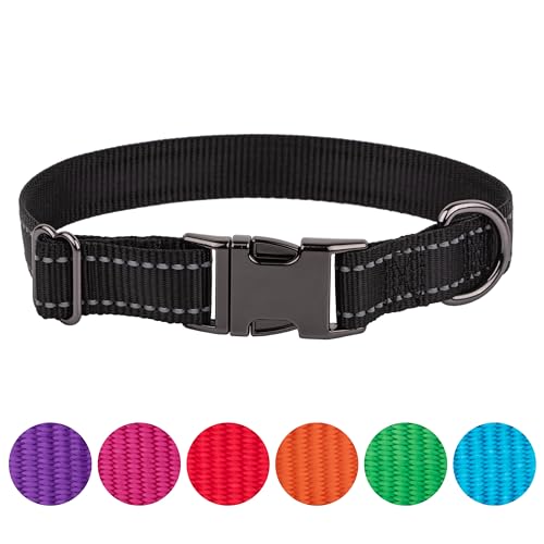 FAVPET Reflektierendes Hundehalsband Nylon, Reflektor Hund Halsband Verstellbar, Halsband Hund Klickverschluss, Halsband Hund Grosse Hunde, Hundehalsband Kleine Hunde, Welpen Halsbänder (Schwarz, L) von FAVPET