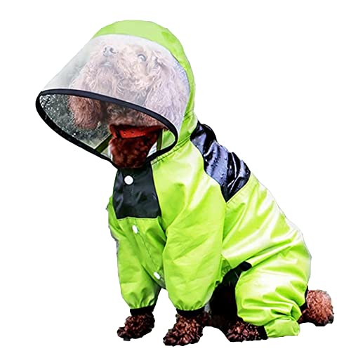 Kapuzen-Hunderegenmantel Ganzkörperbedeckung Regenjacke Transparente Kappe Leinenloch Vierbeiniger wasserdichter Mantel (XS-4XL) für kleine mittelgroße Hunde von FAXIOAWA