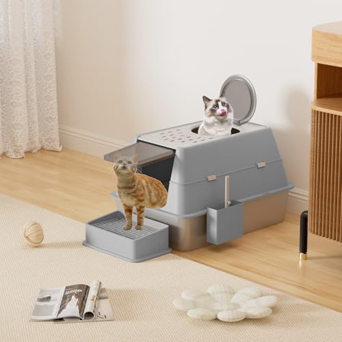 FAYDUDU Geschlossene Katzentoilette aus Edelstahl mit Deckel, hochseitig, abnehmbar und aus Metall, auslaufsicher, Katzentoilette aus Edelstahl mit Schaufel, Stufen und Matte (Grau) von FAYDUDU