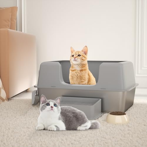FAYDUDU Katzentoilette, XL Edelstahl-Katzentoilette, große Katzentoilette mit offener Oberseite, leicht zu reinigen mit Schaufel (Grau) von FAYDUDU