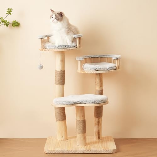 Designer Katzenklettergerüst aus Massivholz - 98 cm hoch, 3-stufiges Sprungbrett, abnehmbare Kissen und Spielbälle, Wolkenoptik-Imitation - Natürlich, Katzenklet (Grau matt) von FAYICIC