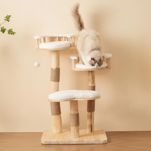 Designer Katzenklettergerüst aus Massivholz - 98 cm hoch, 3-stufiges Sprungbrett, abnehmbare Kissen und Spielbälle, Wolkenoptik-Imitation - Natürlich, Katzenklet (Weiß matt) von FAYICIC