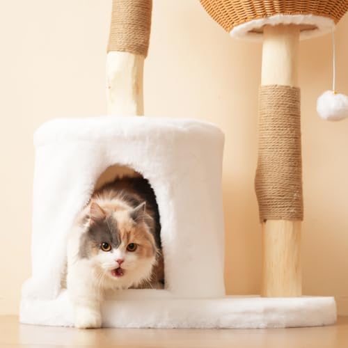 Katzenbaum aus Massivholz 108cm – Katzenkratzbaum mit 2 Körben & Höhle, Naturholz & Sisal, mit Plüschball & dickem Kissen – Nachhaltiger Kratzbaum für große Katzen & Kitten von FAYICIC