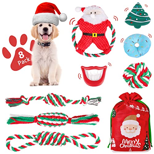 FAYOGOO Weihnachts-Hundespielzeug, interaktives Hundespielzeug, Seilspielzeug, unzerstörbares Hundespielzeug für aggressive Kauer, 8 Packungen Hunde-Kauspielzeug und quietschendes Hundespielzeug, Hund von FAYOGOO