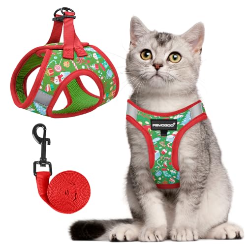 FAYOGOO Weihnachtskatzengeschirr, ausbruchsicher mit reflektierenden Streifen, leicht, weich, für Spaziergänge, Weihnachtsgeschenk für Katzen von FAYOGOO